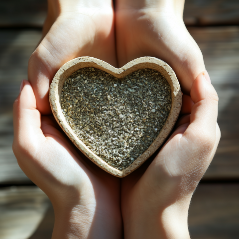 Hands Holding Heart-Shaped Bowl of Seeds