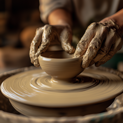 Hands Shaping Pottery on Spinning Wheel