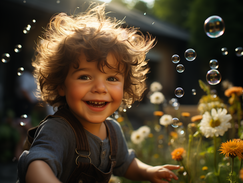 Happy Child Playing with Bubbles
