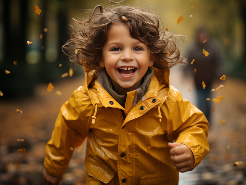 Happy Child Running Through Autumn Leaves