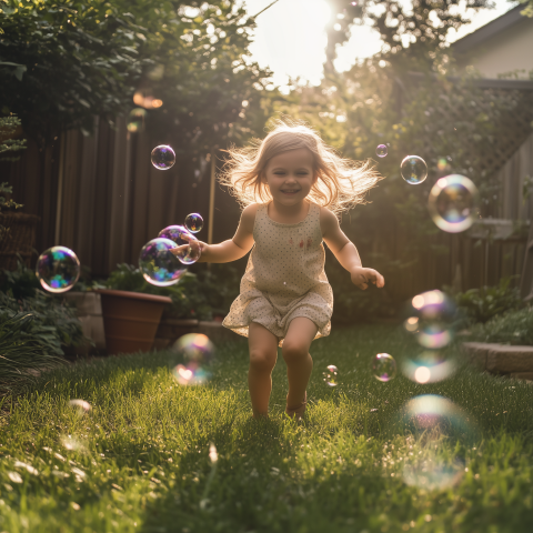 Happy Child Running Through Bubbles in Yard