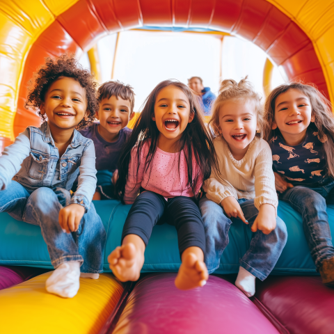 Happy Children Playing in Bounce House