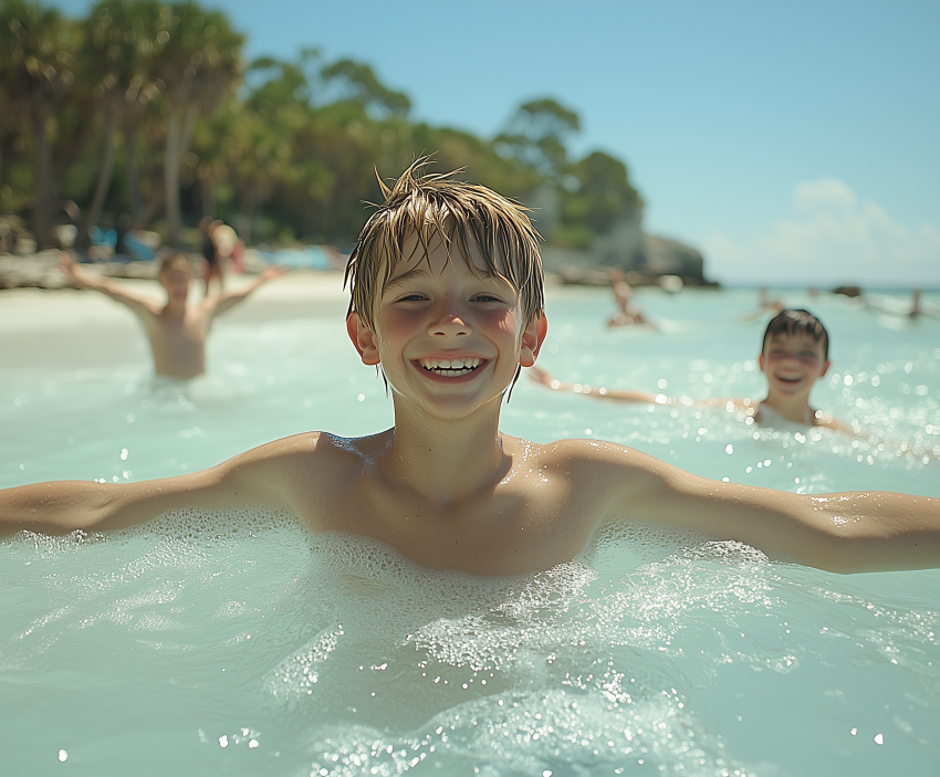 Happy Children Swimming in Tropical Beach