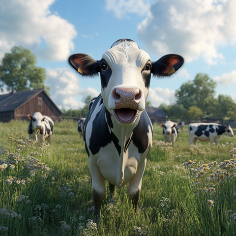 Happy Cow in Sunny Pasture Field