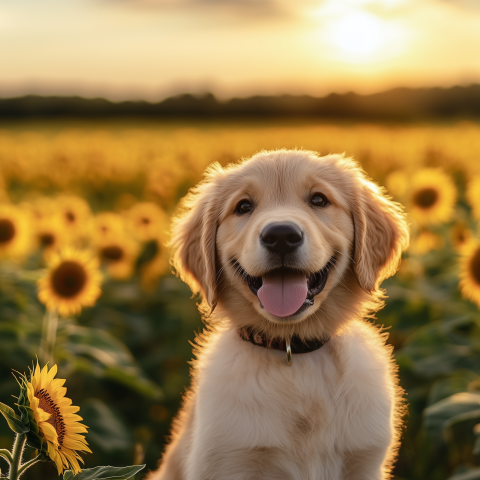 Happy Golden Retriever in Sunflower Field