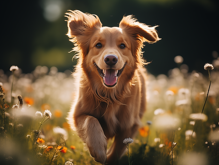 Happy Golden Retriever Running Through Flowers