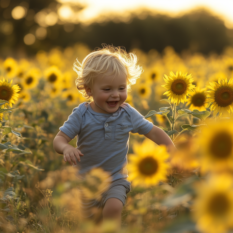 Happy Toddler Running Through Sunflowers