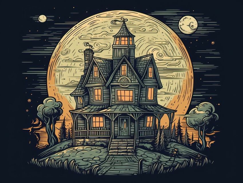 Spooky Haunted House Illustration