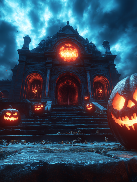 Haunted Mansion with Glowing Jack-o'-Lanterns