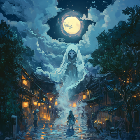 Haunting Spirit Over Japanese Village at Full Moon