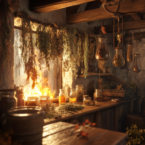 Herbal Apothecary Kitchen with Dried Plants