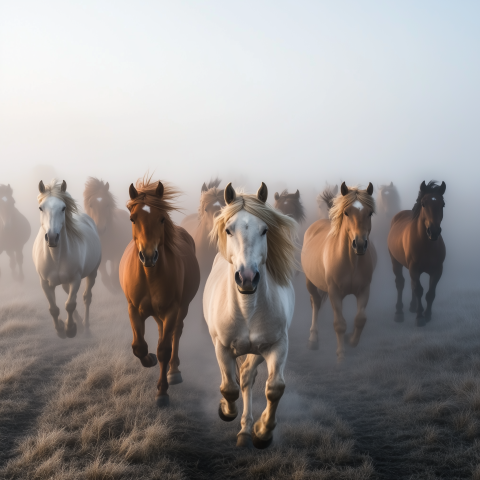 Herd of Horses Running Through Fog