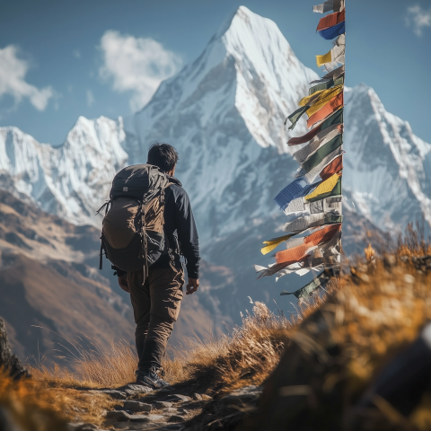 Hiker in Himalayas with Prayer Flags
