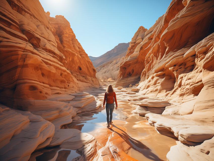 Hiker in Narrow Red Rock Canyon