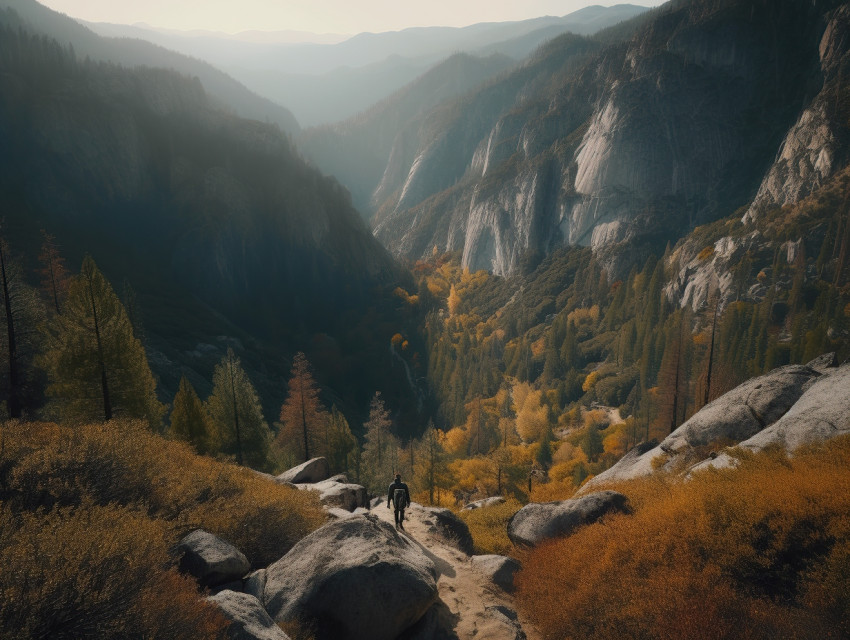 Hiker Descending into a Canyon Valley