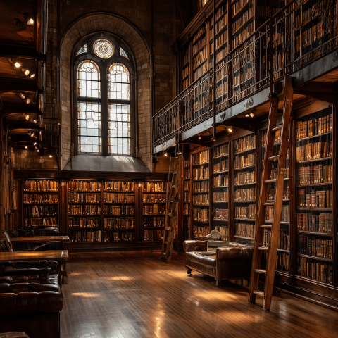 Historic Library with Tall Bookshelves and Sliding Ladder