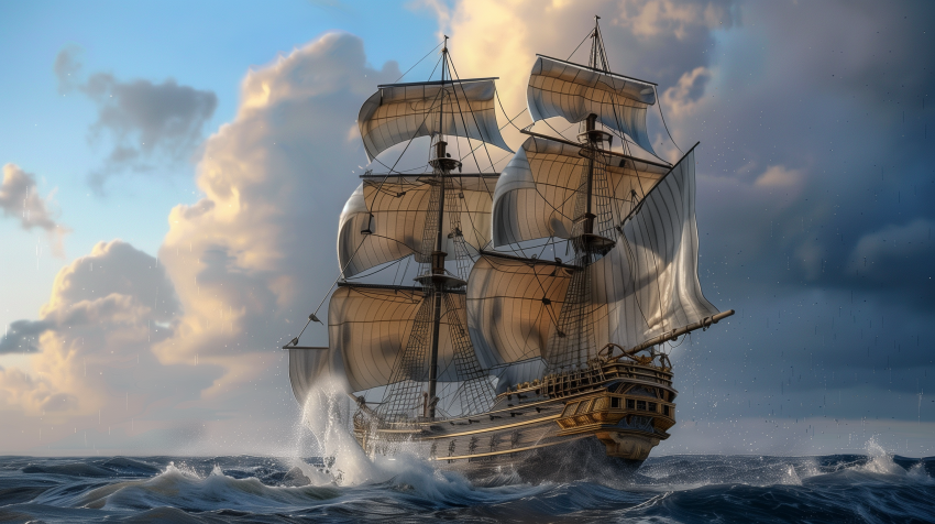 Historic Sailing Ship on a Stormy Sea