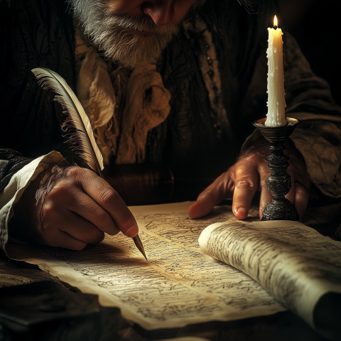 Historical Scribe Writing by Candlelight