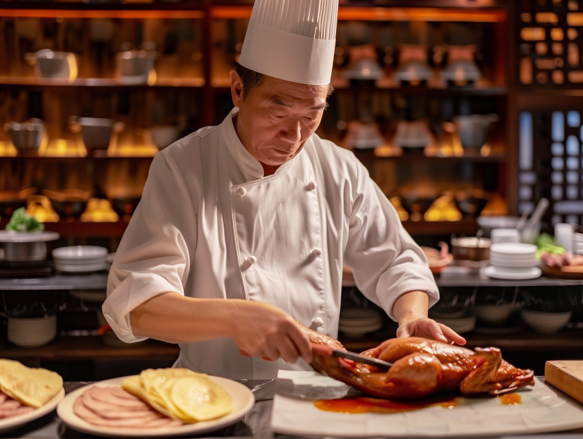 A chef expertly carving a crispy Peking duc