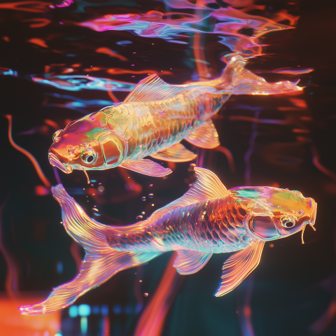 Holographic Koi Fish Swimming in Neon Water