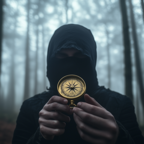 Hooded Figure Holding Golden Compass