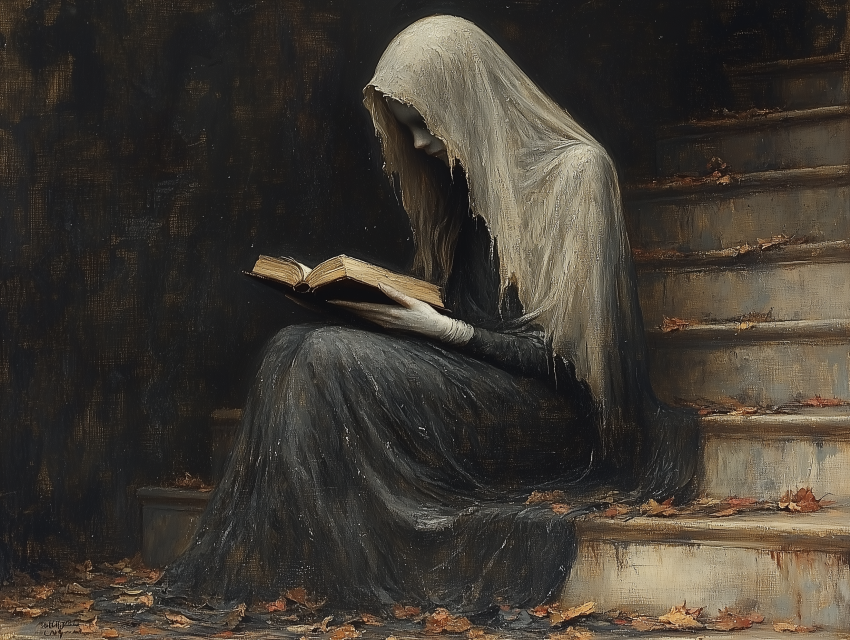Hooded Figure Reading on Dark Stairs