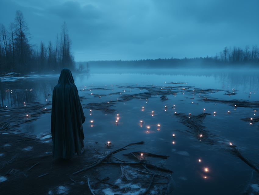 Hooded Figure Watching Floating Lights