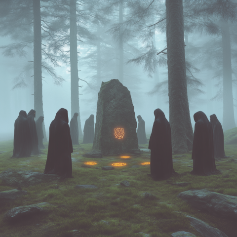 Hooded Ritual Around Glowing Monolith
