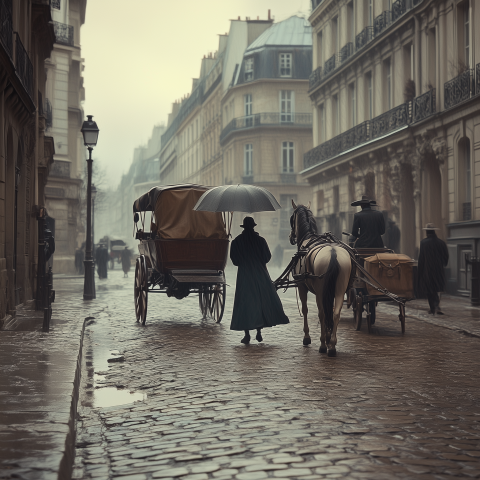 Horse Carriage on Foggy Paris Street