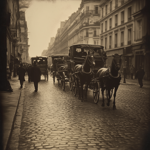 Horse-Drawn Carriages on 19th Century Cobblestone Street