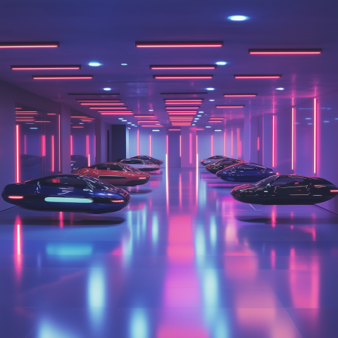 Hover Cars Displayed in Futuristic Corridor