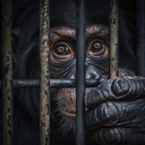 Sad chimpanzee in a cage