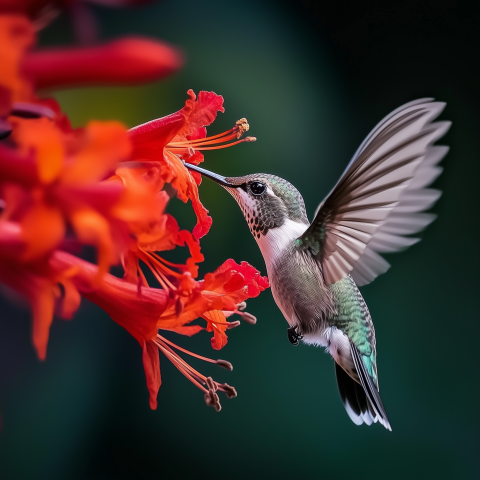 Hummingbird Feeding on Bright Red Flower