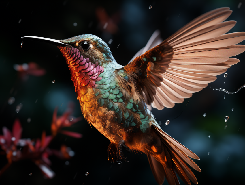 Hummingbird in Rain with Colorful Feathers