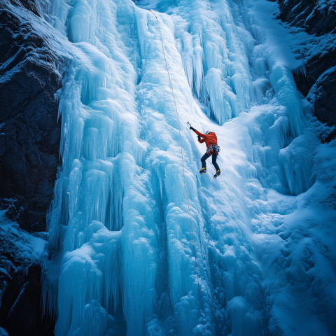 Ice Climber Ascending Frozen Waterfall Wall