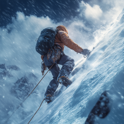Ice Climber Ascending in Harsh Snowstorm