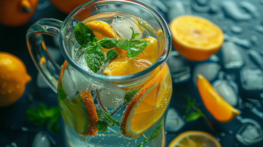 A jug of citrus-infused water with ice cubes