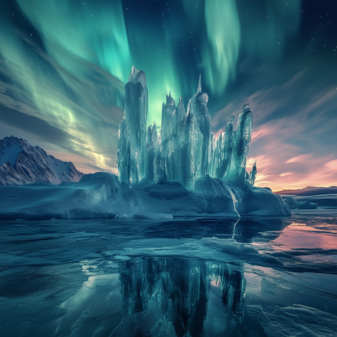 Ice Spire Fortress Under Northern Lights
