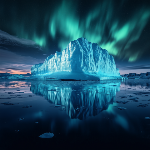 Iceberg with Northern Lights Reflected in Water