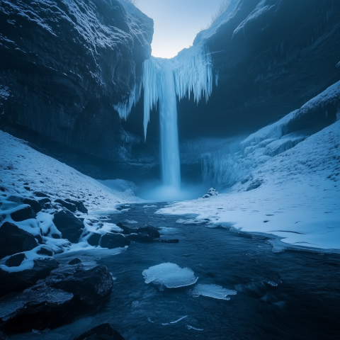 Icy Waterfall in Snowy Canyon at Dusk