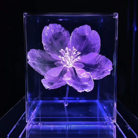 Illuminated Flower Encased in Glass Cube