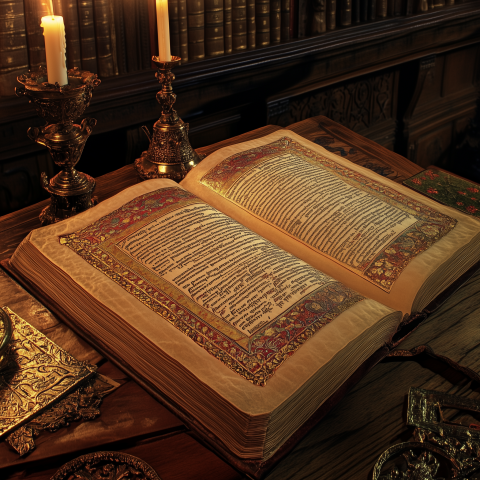 Illuminated Manuscript in Candlelit Library