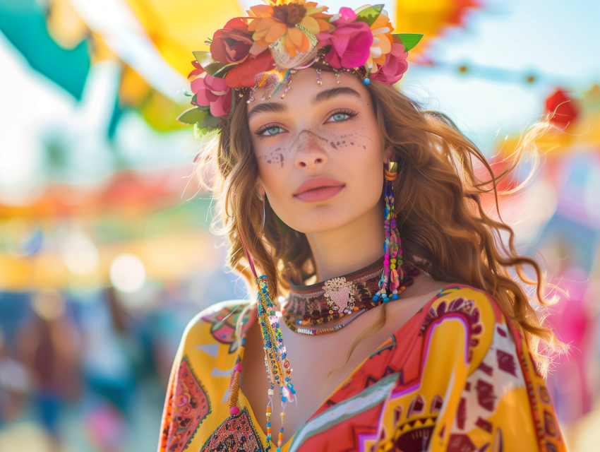 Illustrate a girl in vibrant festival fashion