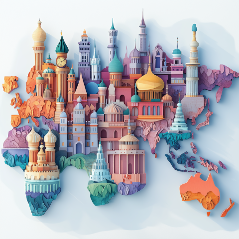 Illustrated World Map with Iconic Landmarks