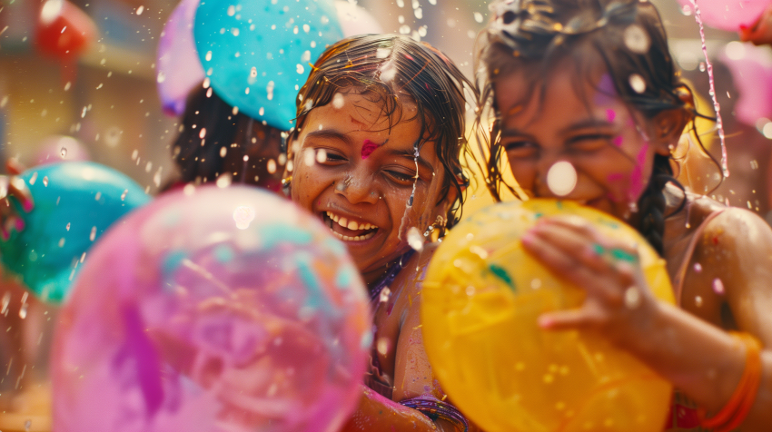 Indian Girls Delight in Playful Splashing and Colors