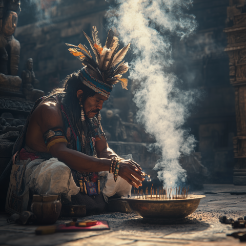 Indigenous Man Lighting Incense in Ritual
