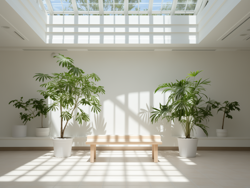 Indoor Garden with Wooden Bench and Skylight