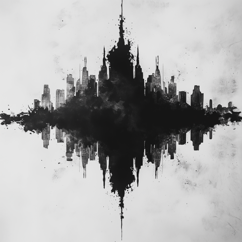 Inkblot Skyline Reflection in Monochrome