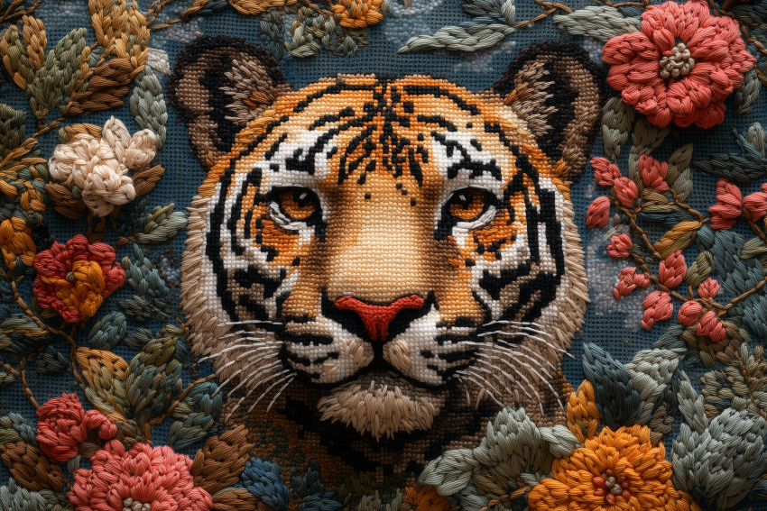 Intricate Embroidered Tiger Face with Floral Design