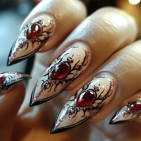 Intricate Gothic Nail Art with Red Gems